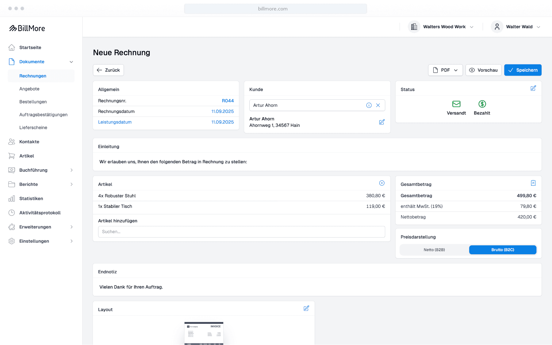 Dokumente erstellen - BillMore Feature